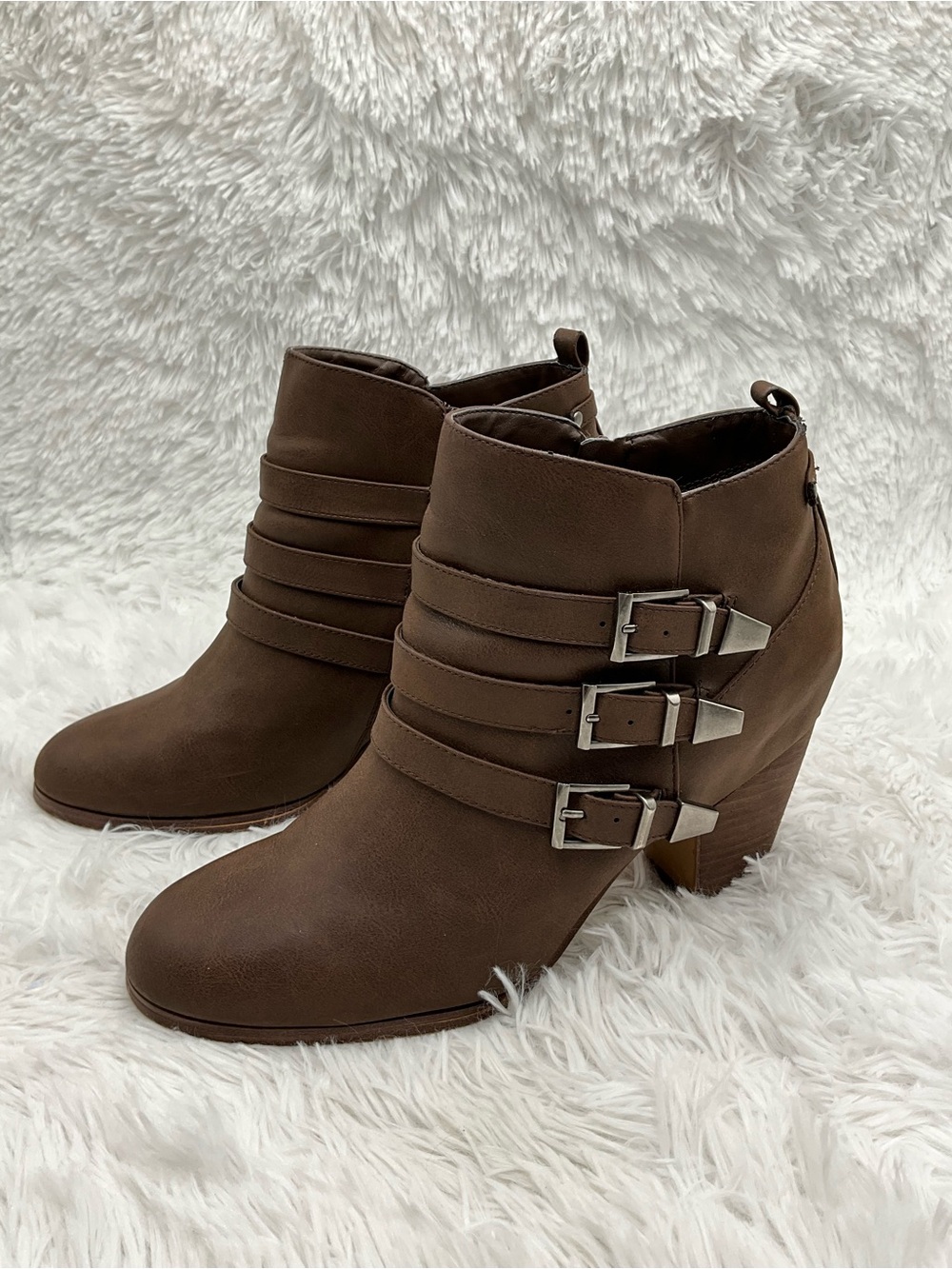 Crown Vintage Booties Size 11 M Brown Triple-Buckle Ankle Booties Block Heel